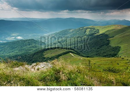 Stormy clouds over Bieszczady mountains, Poland  View of Tarnica