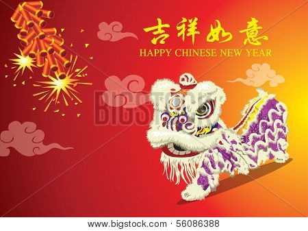 Chinese New Year card with sparkling firecrackers and lion dance 