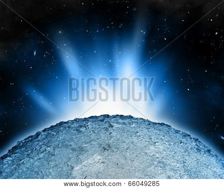 Background illustration of a night sky with stars and nebula and fictional planet
