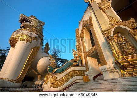 Lion Guardian Statuec In Shwegagon Pagoda.