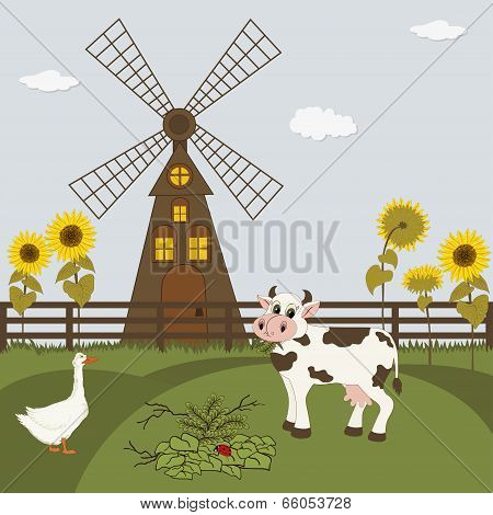 Rural Landscape With Gristmill And Cow And Goose