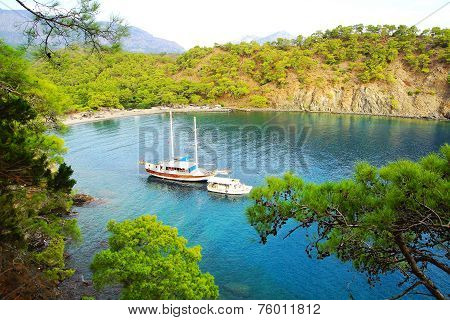 Calm Bay With Sail Boat. Turkey