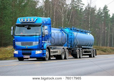 Blue Renault Premium 460 Tank Truck On The Road
