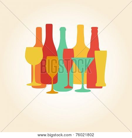 Alcohol Bottles and glasses illustration. Beer, champagne, wine and other drinks design. Menu and restaurant background 