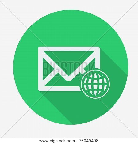 Single flat icon with long shadow for web applications, email icons design. Envelope with globe.  Ve