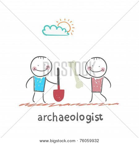 archaeologist holding a shovel and another archaeologist has bone