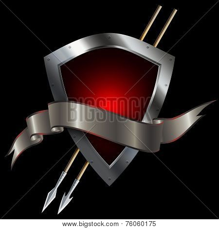 Red Silver Shield With Spears And Ribbon.