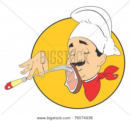 Cook with meat on fork