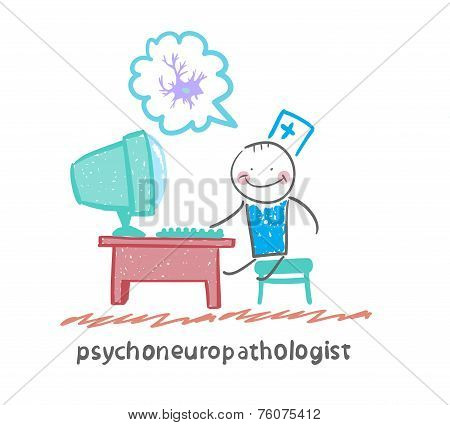 psychoneuropathologist  sits on the workplace at the computer and thinking of nerve cells
