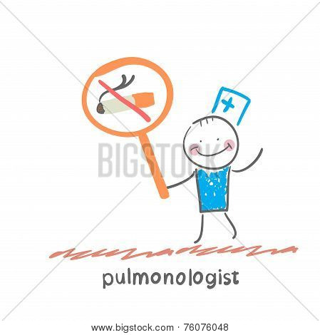 pulmonologist holding posters with a picture of a cigarette