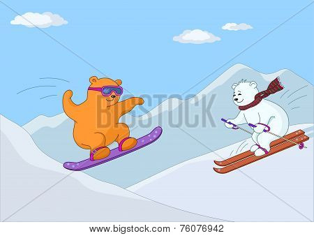 Teddy bears ski in mountains in day