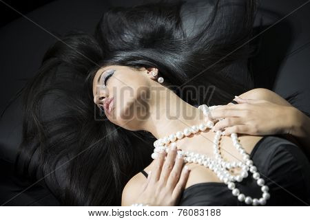 Glamour Portrait Of Beautiful Woman With Pearl Accessories