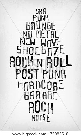 Rock Music Styles Tag Cloud, Grunge Oldschool Typography Stamp Style Poster