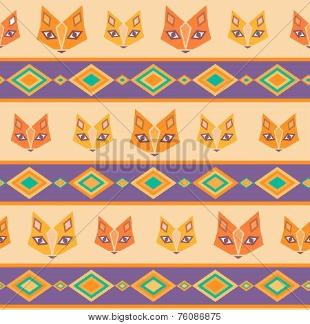 Ethnic geometric seamless pattern with cute foxes