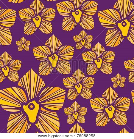 Violet seamless pattern with yellow tropical orchids