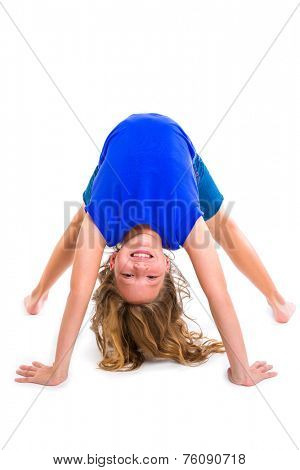Flexible contortionist kid girl playing happy on white background