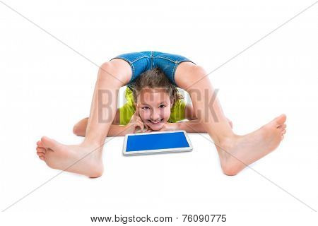 Flexible contortionist kid girl thinking gesture with tablet pc on white background