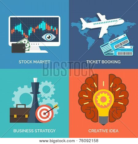 Set Of Flat Design Concept Icons For Business. Stock Market, Ticket Booking, Business Strategy And C