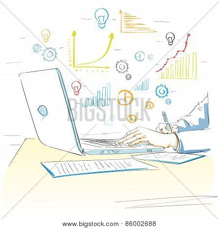 sketch hands using laptop drawing financial graph