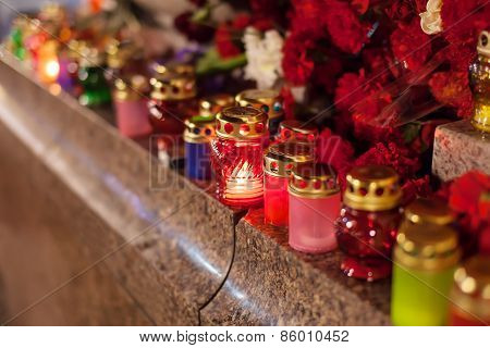 Yahrzeit candles and flowers at the Independence Square in Kiev. Ukraine