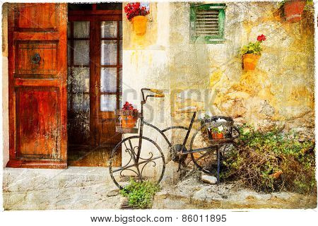 charming street in Valdemossa village with old bike