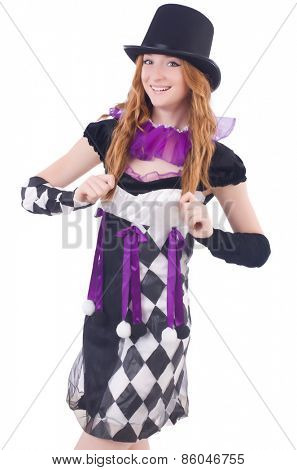 A girl in harlequin costume isolated on white
