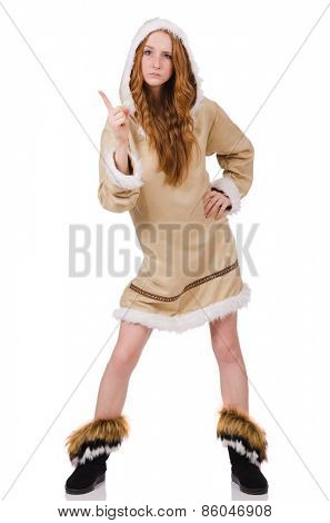 Eskimo girl wearing clothes of all fur isolated on white