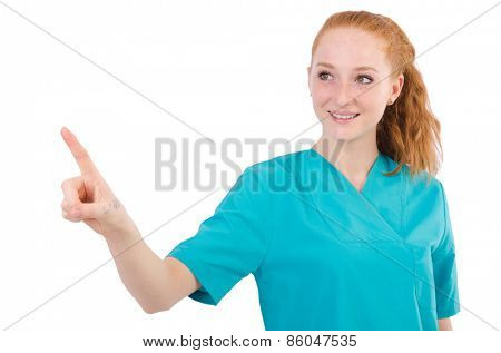 Careful nurse isolated on white