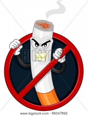 Mascot Illustration of an Angry Cigarette Locked Inside a No Smoking Sign