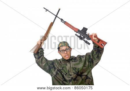 Military man with a gun isolated on white
