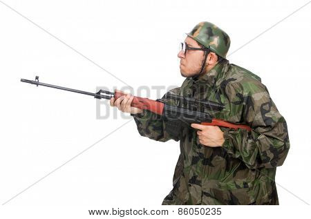 Military man with a gun isolated on white