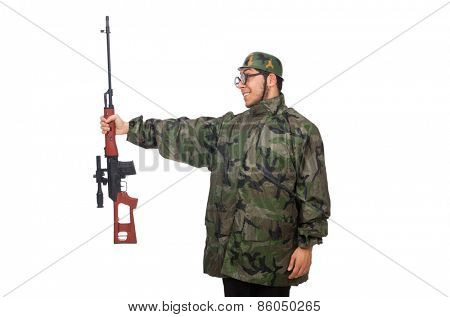 Military man with a gun isolated on white