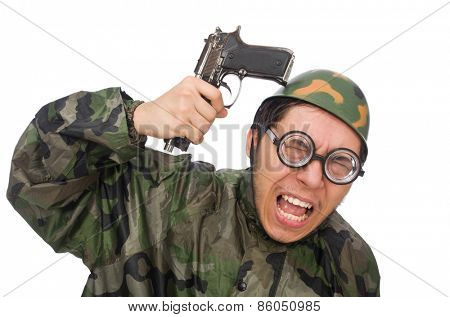 Military man with a gun isolated on white