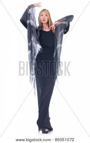 Young woman in black dress isolated on white