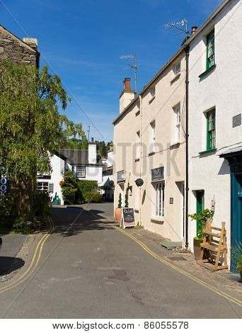 Hawkshead village street Lake District Cumbria England uk on a beautiful sunny summer day