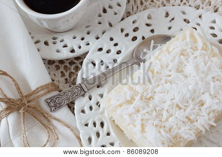 Weet Couscous (tapioca) Pudding (cuscuz Doce) With Coconut And Coffee On Crochet Doily