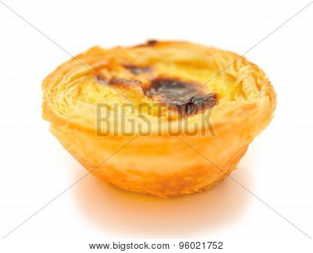 Single Portuguese Egg Tart On A White Background