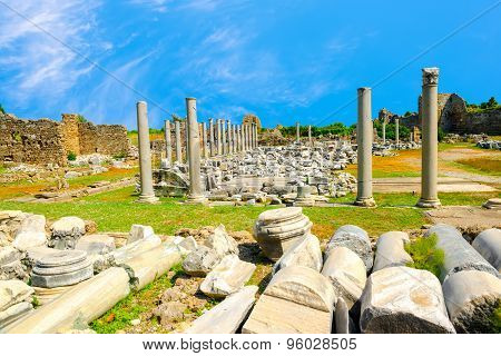 Ancient Monuments Tyche Temple Of Roman Empire, Side, Turkey , Travel Background