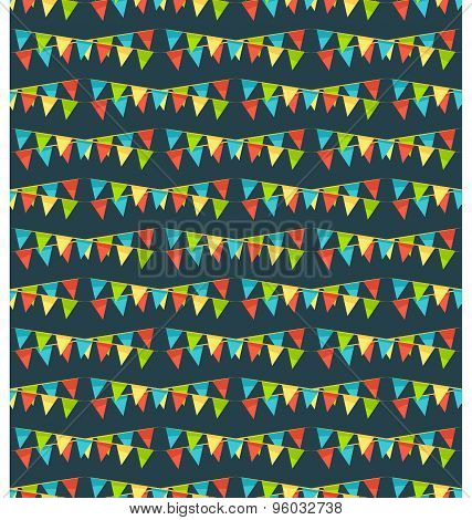 Seamless Bright Fun Celebration Festive Buntings Pattern Isolated On Blue