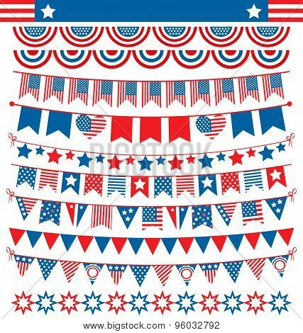Usa Celebration Buntings Garlands Flags Flat National Set For Independence Day Isolated On White