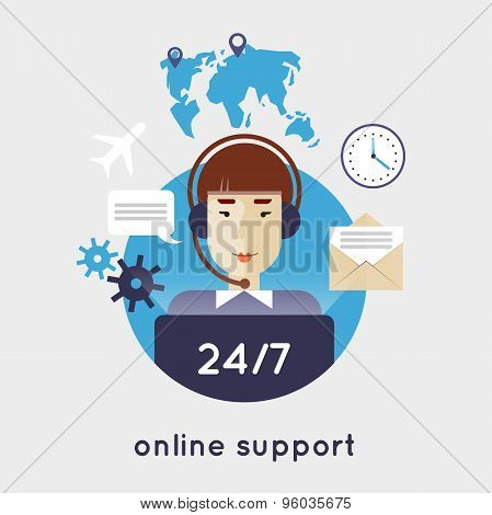Online support around the clock flat style vector illustration.