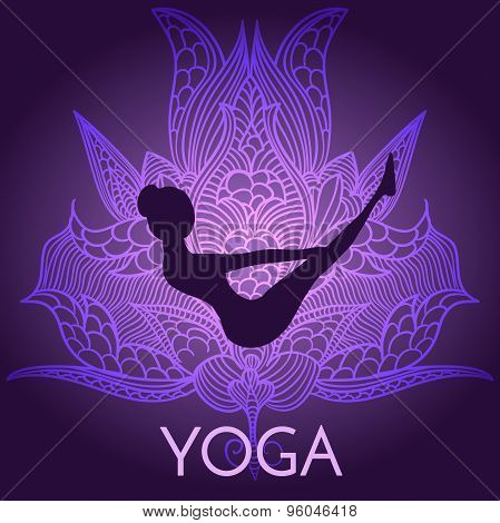 female silhouette practicing yoga pose.design with ornate flower