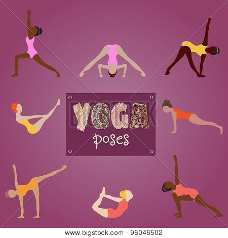 woman practicing yoga for design. Set of yoga poses