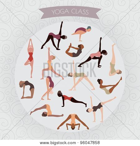 woman practicing yoga for design. Set of yoga poses