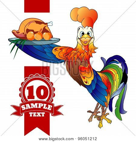 Cartoon cheerful rooster with grilled chicken