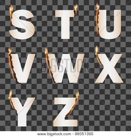 Alphabet with  transparent fire flame. Set 3 S-Z