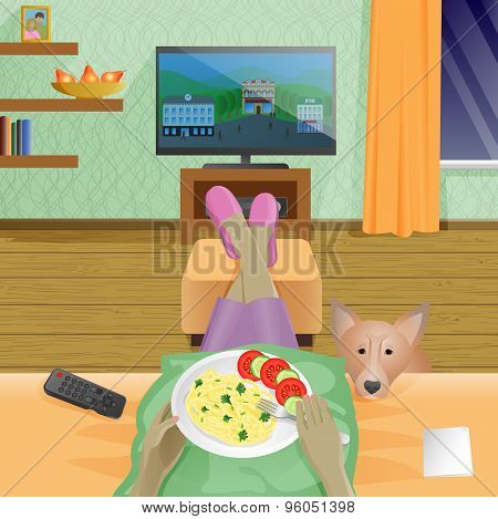 Woman take supper at home and watching TV