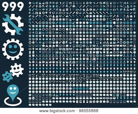 999 tools, gears, smiles, map markers, mobile icons.