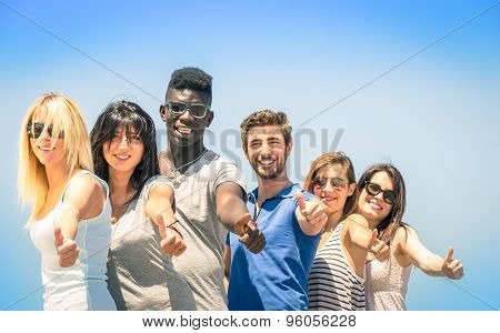 Group Of Multiracial Happy Friends With Thumbs Up - Concept Of International Friendship And Success