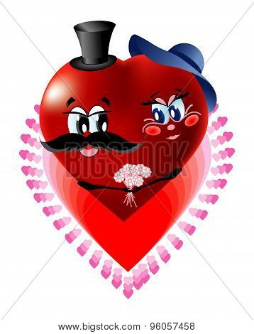 Cartoon vector illustration of two loving hearts in one